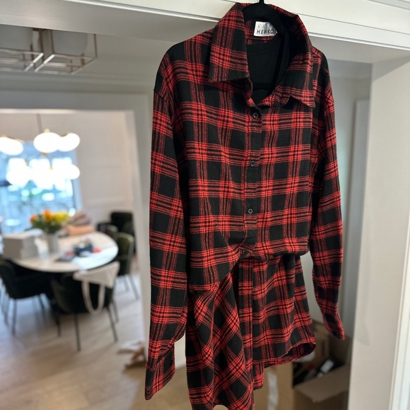 Kate Hewko Black / Red Plaid Long Shirt / Mini Dress w/ attached tank - Size L - Picture 4 of 13